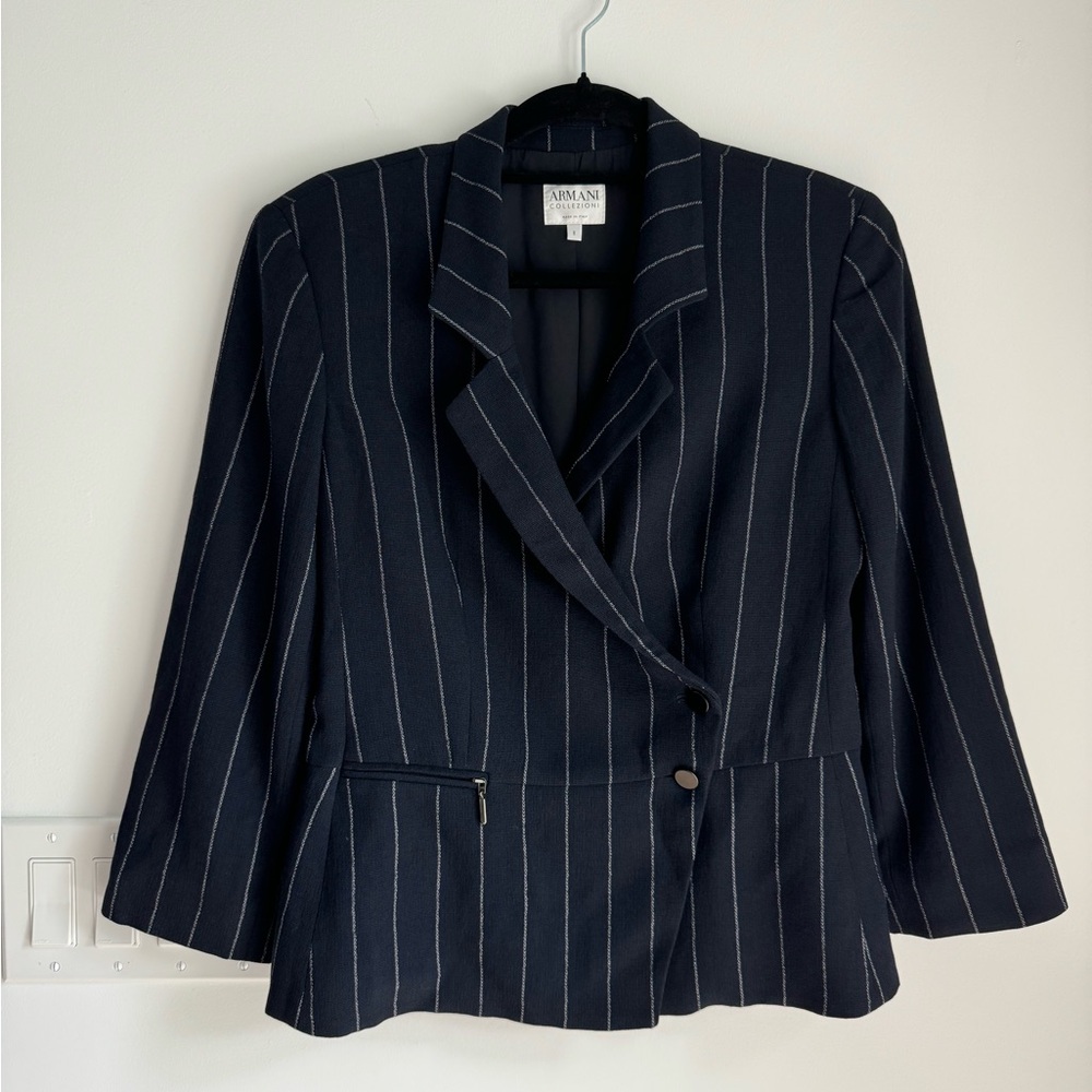 ARMANI COLLEZIONI Sz 8 Vintage 2k Striped Navy Wool Blend Notched Collared